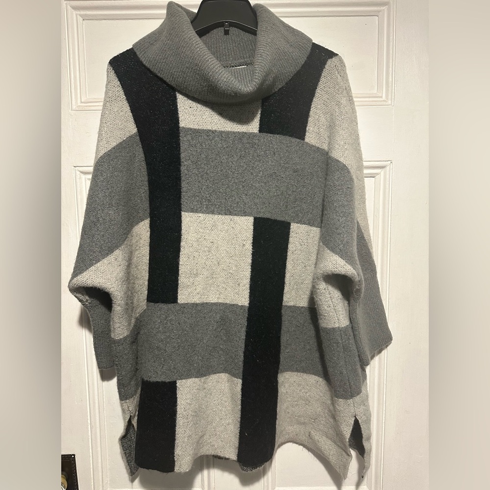 Cozy Gray and Cowl Neck Poncho Black Striped Women's Sweater